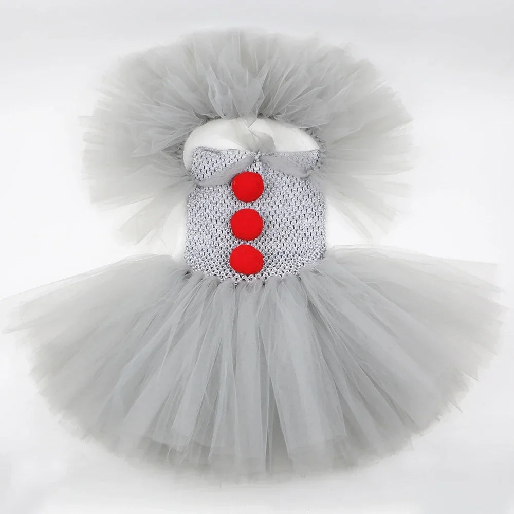 HJTT Creepy Clown Costume for Girls Halloween Tutu Dress Grey Red Scary Clown Outfit Kids Carnival Party Fancy Dress Up Clothes
