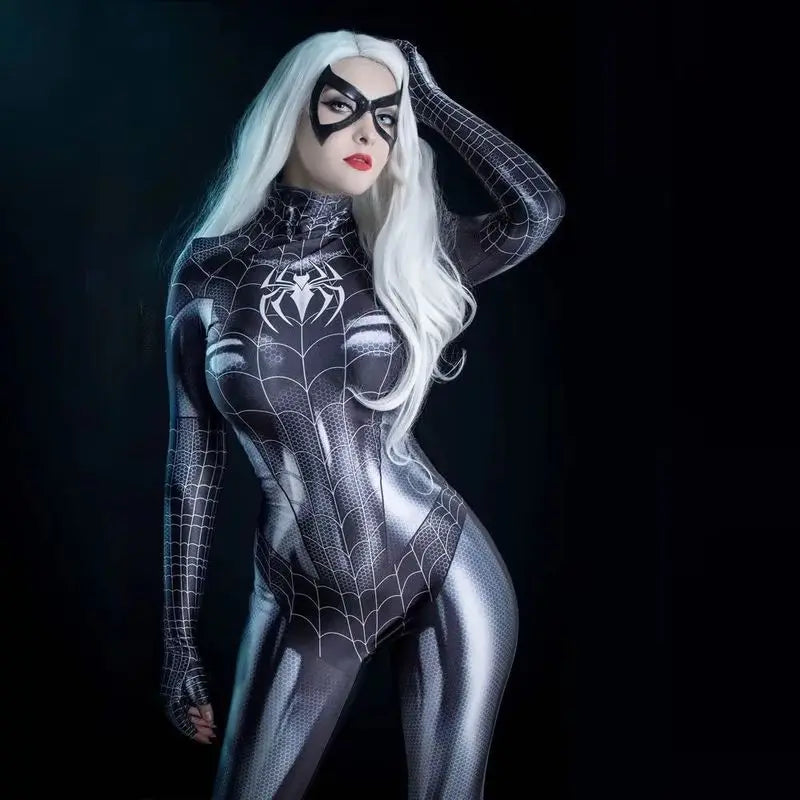 Halloween Superhero Cosplay Costume Spider-Woman Black Cat 3D Printed Tight Jumpsuit Bodysuit Adult Party Outfit Xmas Gift