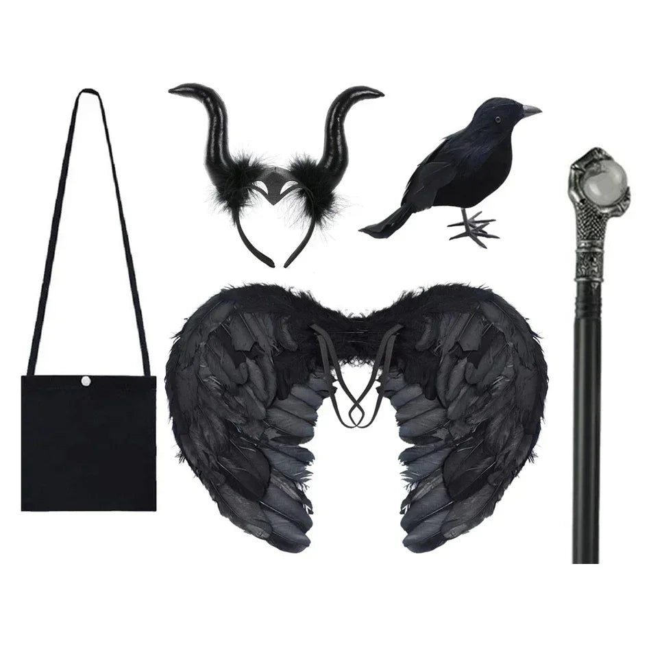 Maleficent Costume Girl Girls Halloween Costume Cosplay Evil Queen Black Mesh Children Carnival Party Wand Demonic Witch Dress