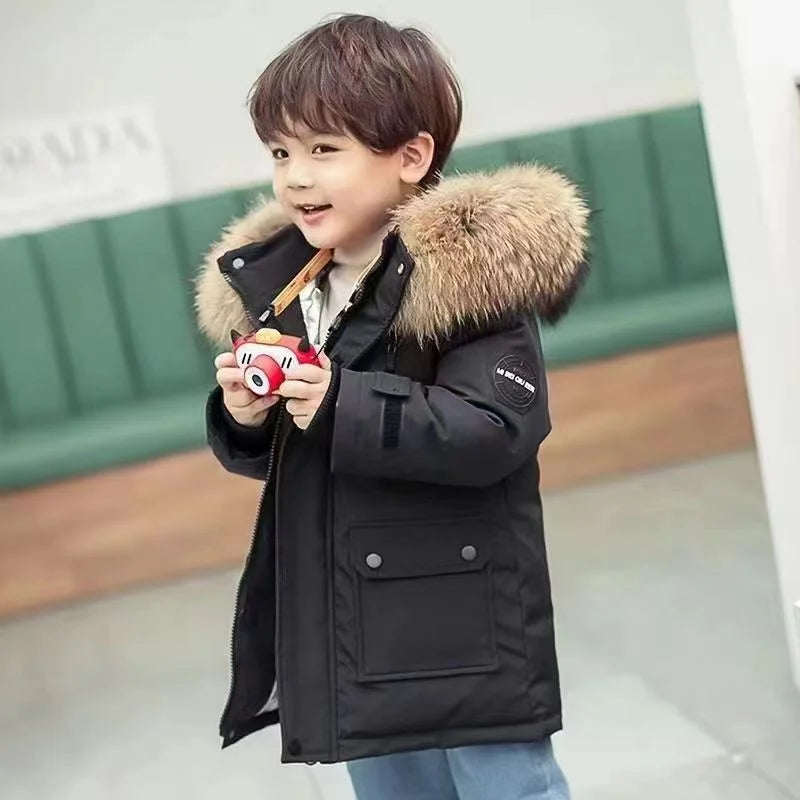 Boys Thickened Down Jackets Children Winter Large Fur Collar Cotton Coat New Kids Warm Hooded Outerwear Teenager Padded Clothing