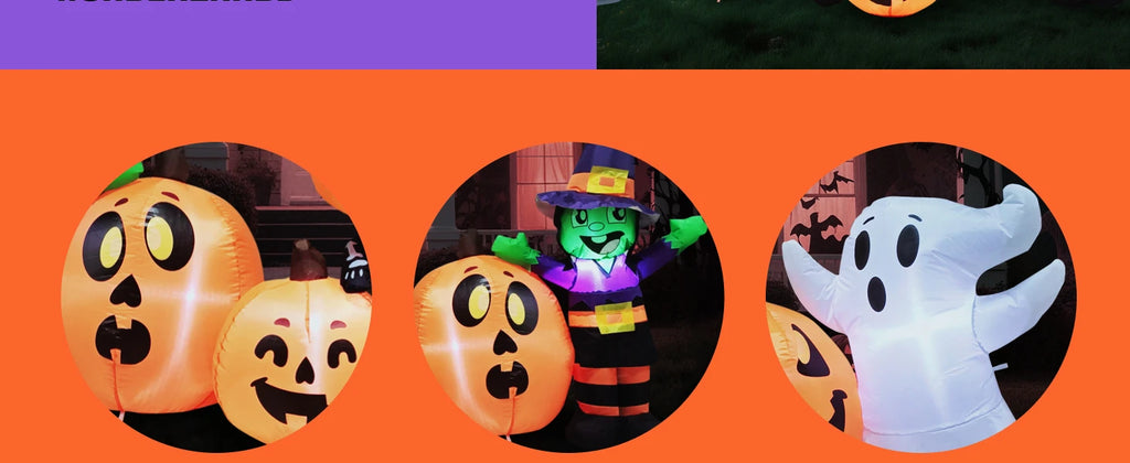 8 ft Long Halloween Inflatable Three Characters and Pumpkin Patch Outdoor Decoration Inflatable Witch Ghost Skeleton Yard for Halloween Gift
