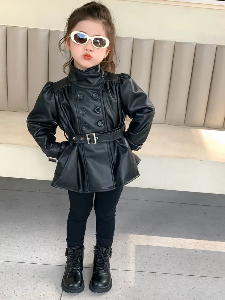 Children Leather Jacket Autumn and Winter 2026 New Fashion Waist Cinched Jacket for Girls Korean Stand Up Collar Jacket Top