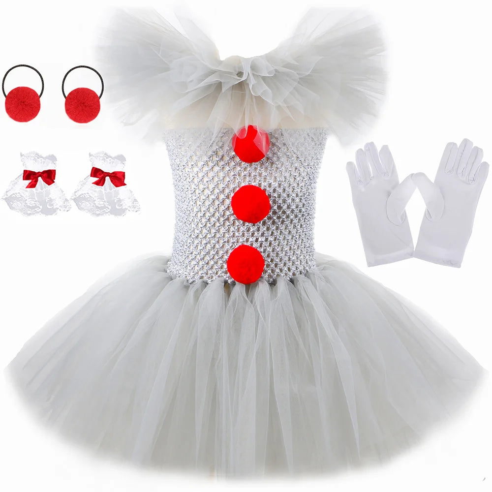 HJTT Creepy Clown Costume for Girls Halloween Tutu Dress Grey Red Scary Clown Outfit Kids Carnival Party Fancy Dress Up Clothes