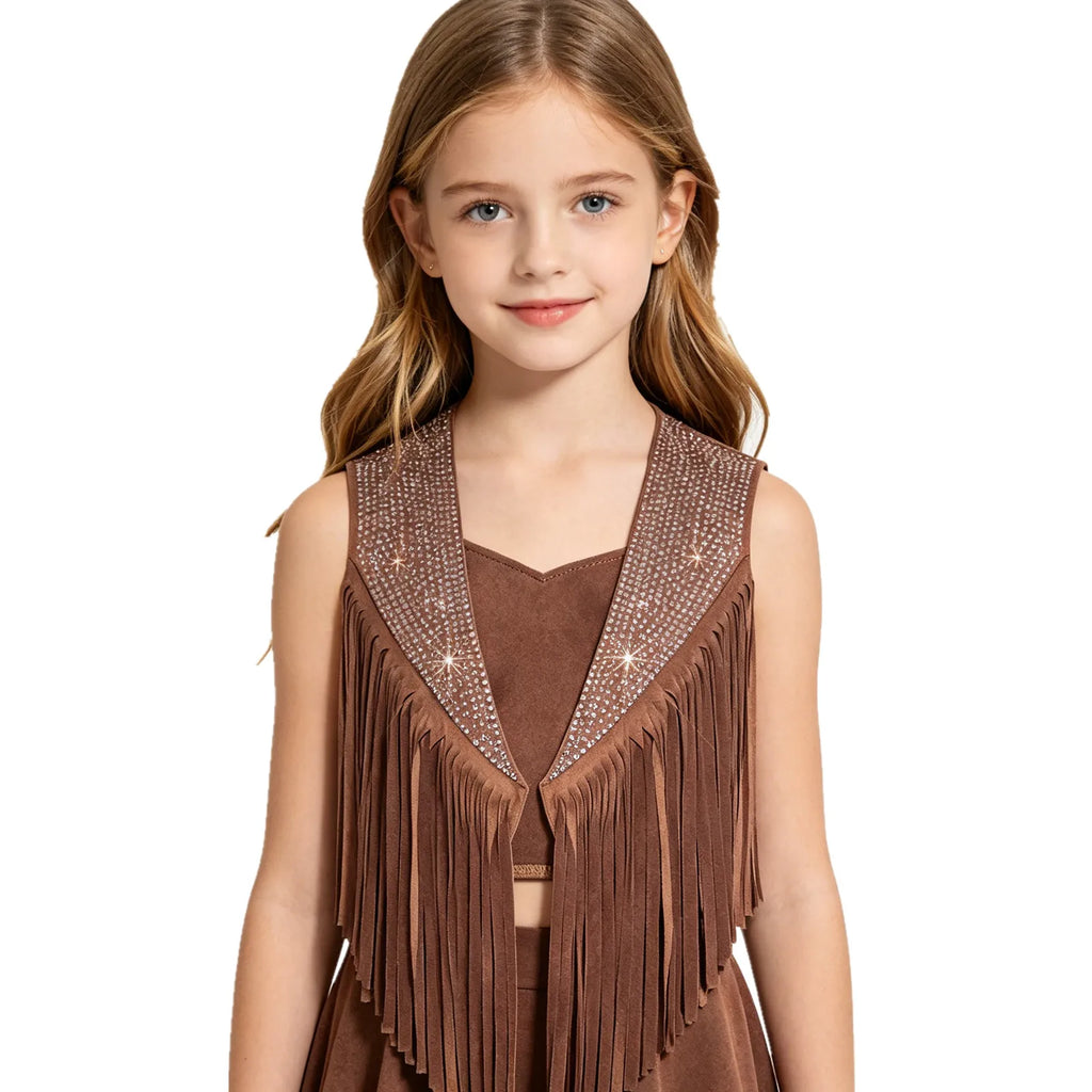 Girls Western Cowgirl Vest Tassels Shiny Rhinestones Open Front Waistcoat Tops Halloween Carnival Theme Party Cowboy Costume