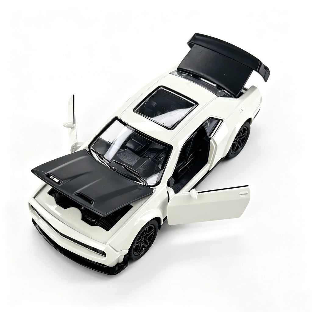 Children’s alloy spring-powered car model. Boy-themed, realistic, collectible, racing car/toy.