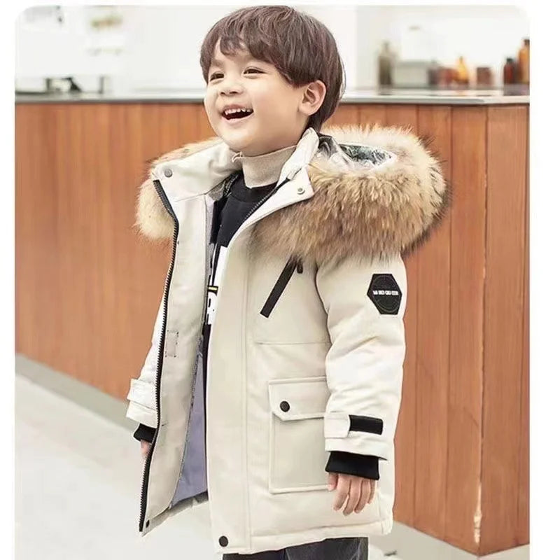 Boys Thickened Down Jackets Children Winter Large Fur Collar Cotton Coat New Kids Warm Hooded Outerwear Teenager Padded Clothing