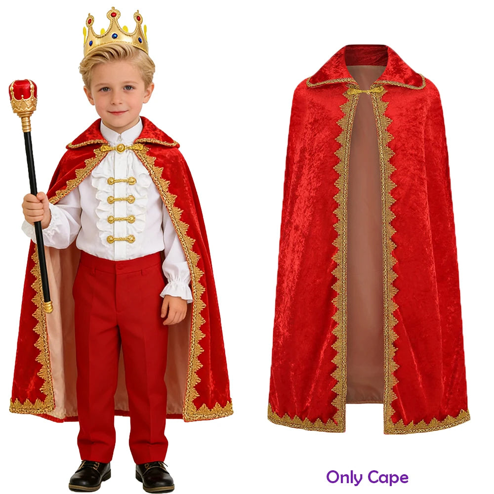 High Quality Boys King Costumes Birthday Christmas Halloween Party Children Red Blue Velvet Cloak Kids Prince Robe Crown Scepter