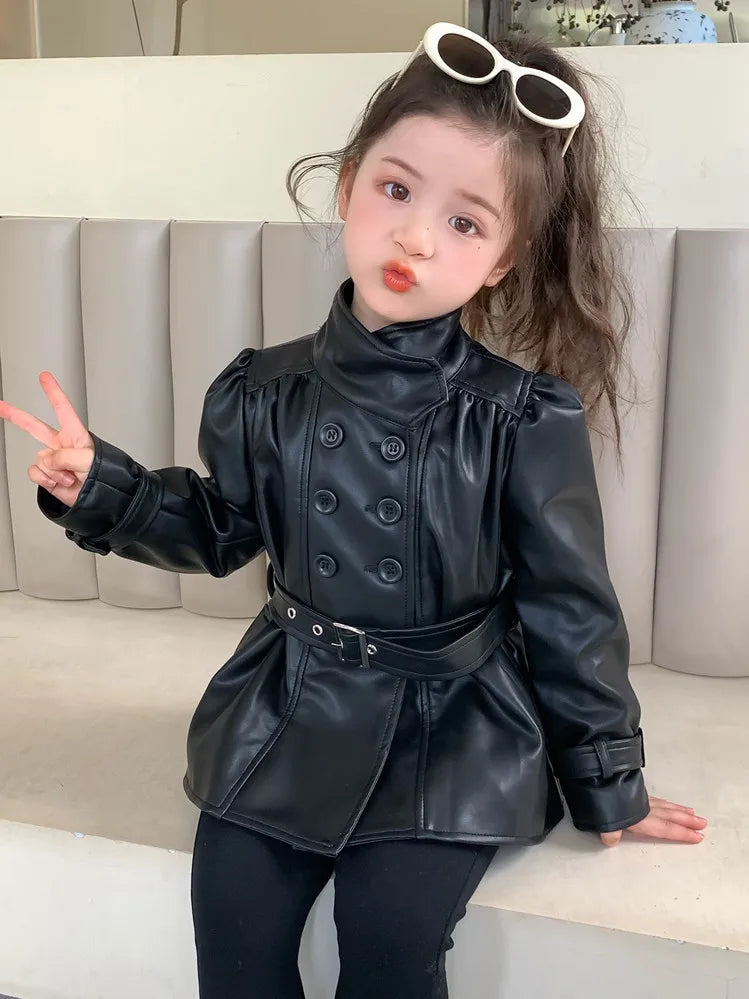 Children Leather Jacket Autumn and Winter 2026 New Fashion Waist Cinched Jacket for Girls Korean Stand Up Collar Jacket Top