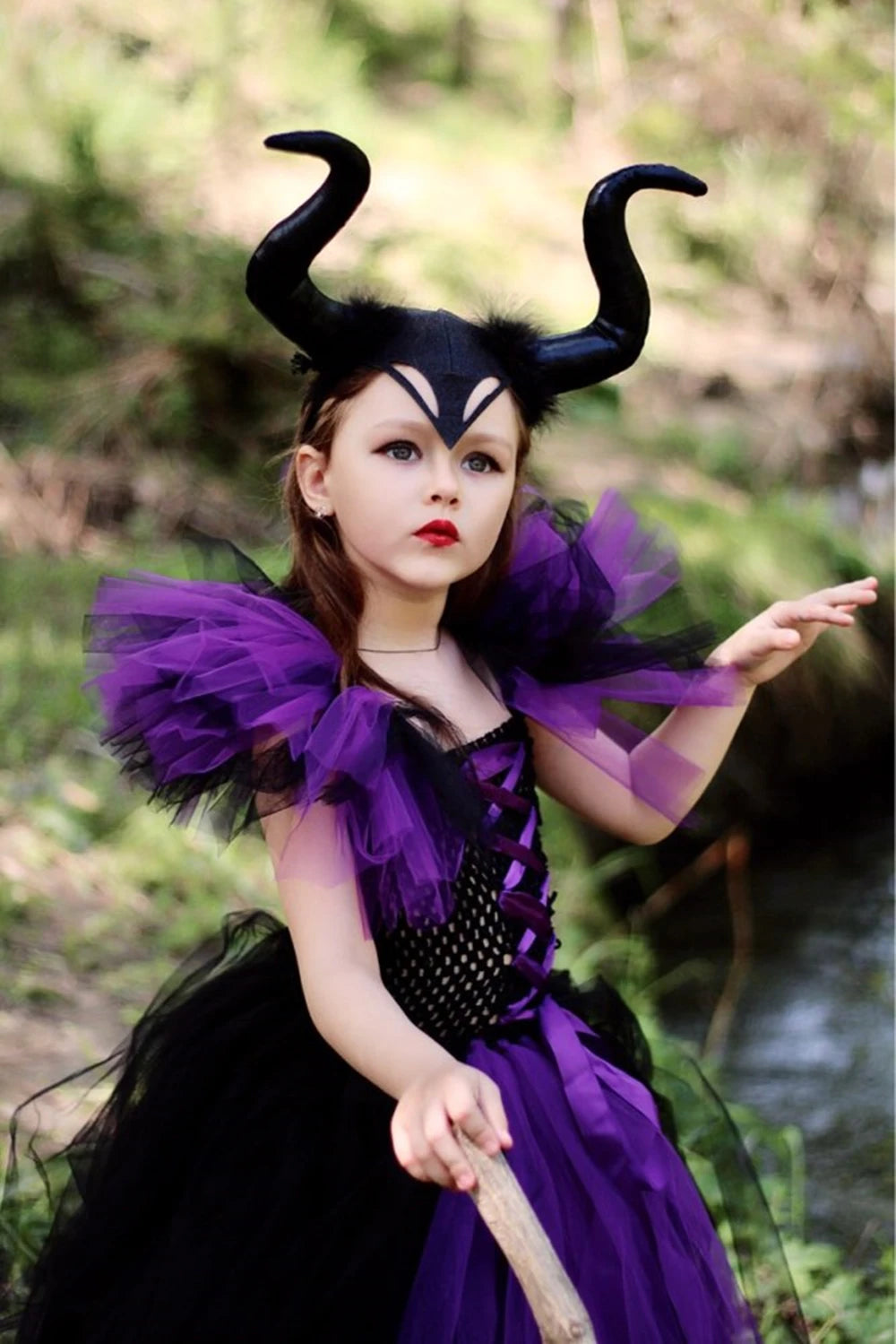 Halloween Dark Queen Costume for Kids Carnival Party Dress Up Outfit Purple Black Witch Costume for Girls Fancy Tulle Tutu Dress