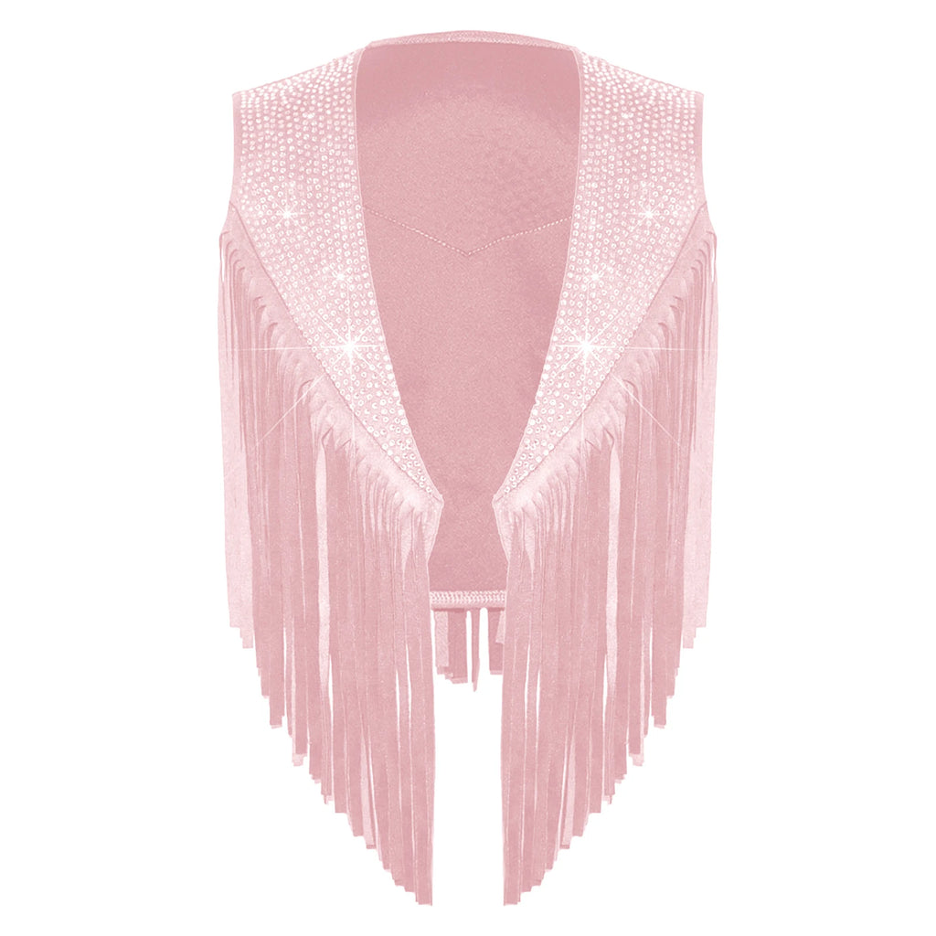 Girls Western Cowgirl Vest Tassels Shiny Rhinestones Open Front Waistcoat Tops Halloween Carnival Theme Party Cowboy Costume