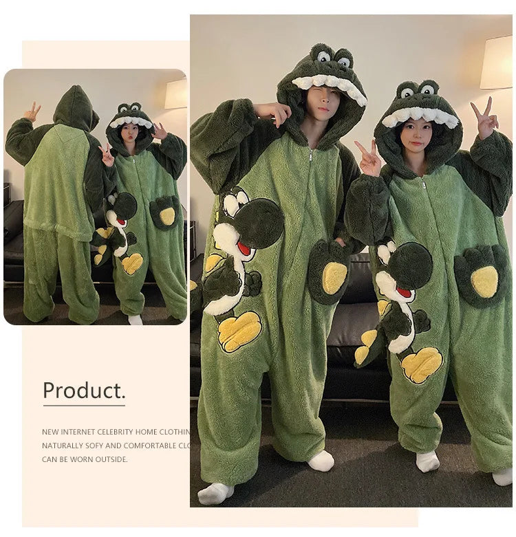 Kigurumi Cat Dinosaur Shark Women Men Pajamas Onesie Couples Jumpsuit Winter Thicken Hooded Pyjamas Halloween Christmas Homewear
