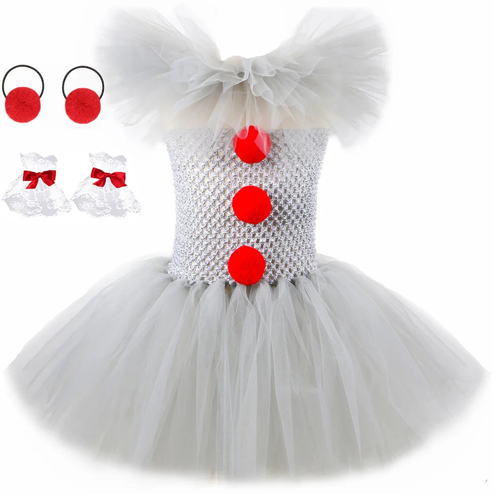 HJTT Creepy Clown Costume for Girls Halloween Tutu Dress Grey Red Scary Clown Outfit Kids Carnival Party Fancy Dress Up Clothes