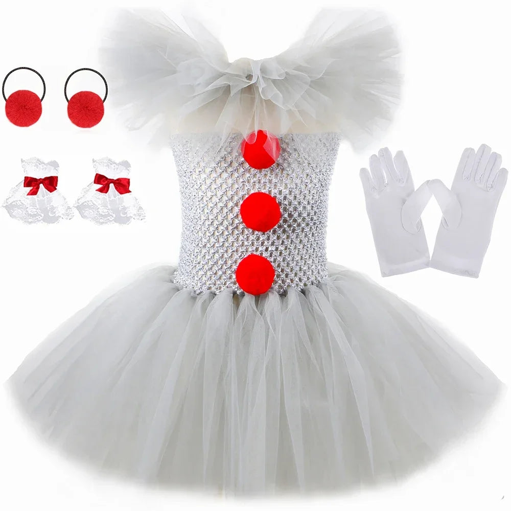 HJTT Creepy Clown Costume for Girls Halloween Tutu Dress Grey Red Scary Clown Outfit Kids Carnival Party Fancy Dress Up Clothes