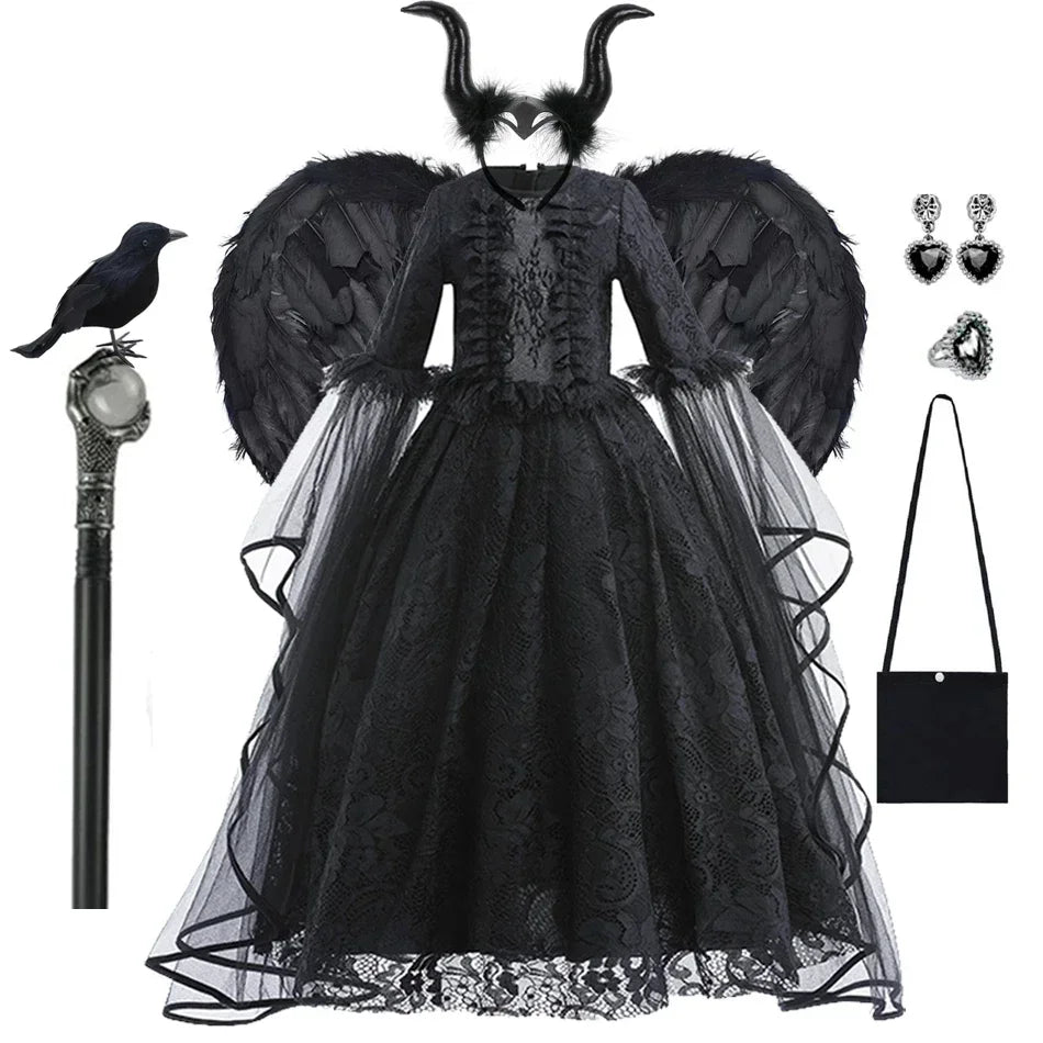Maleficent Costume Girl Girls Halloween Costume Cosplay Evil Queen Black Mesh Children Carnival Party Wand Demonic Witch Dress