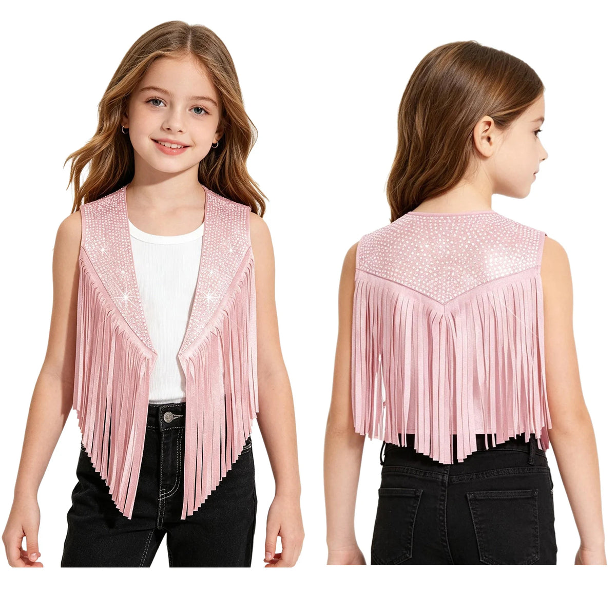Girls Western Cowgirl Vest Tassels Shiny Rhinestones Open Front Waistcoat Tops Halloween Carnival Theme Party Cowboy Costume