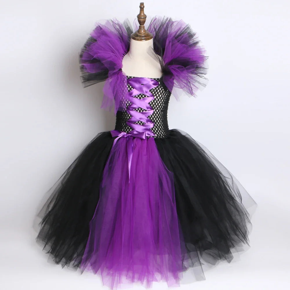 Halloween Dark Queen Costume for Kids Carnival Party Dress Up Outfit Purple Black Witch Costume for Girls Fancy Tulle Tutu Dress