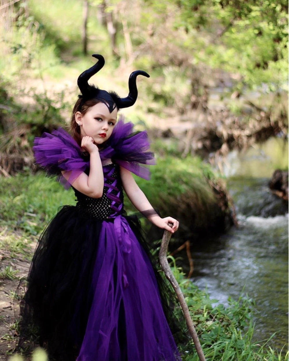 Halloween Dark Queen Costume for Kids Carnival Party Dress Up Outfit Purple Black Witch Costume for Girls Fancy Tulle Tutu Dress