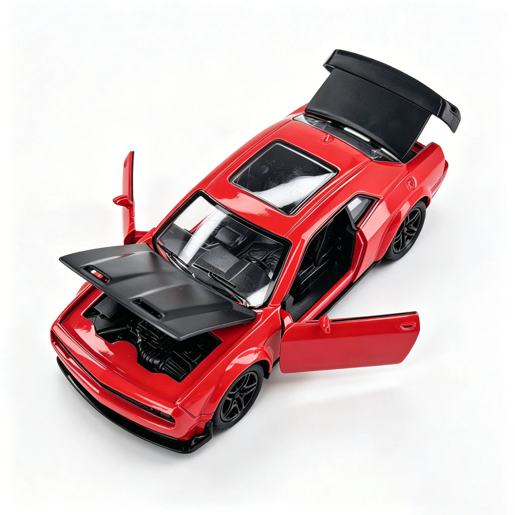Children’s alloy spring-powered car model. Boy-themed, realistic, collectible, racing car/toy.