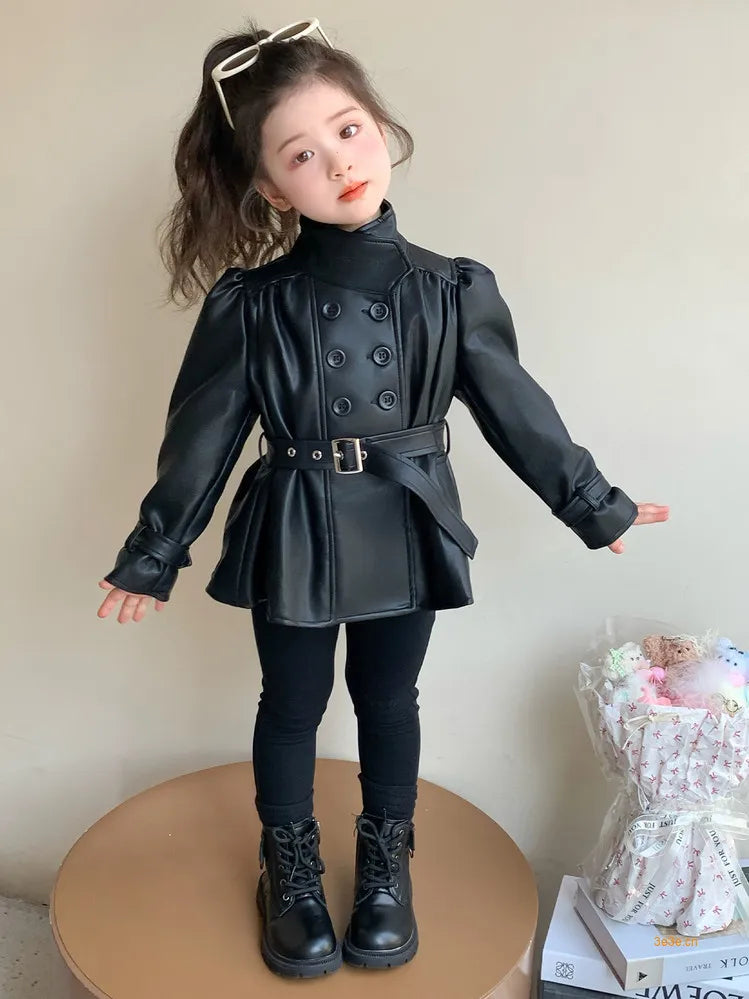 Children Leather Jacket Autumn and Winter 2026 New Fashion Waist Cinched Jacket for Girls Korean Stand Up Collar Jacket Top