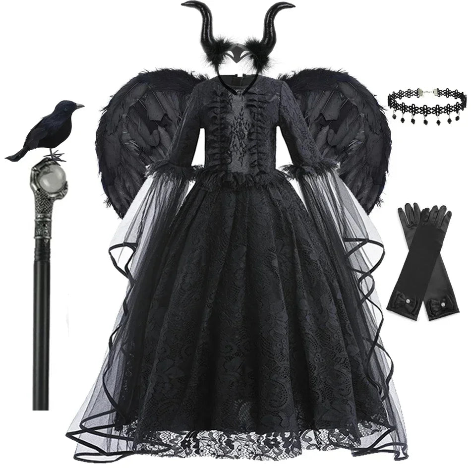 Maleficent Costume Girl Girls Halloween Costume Cosplay Evil Queen Black Mesh Children Carnival Party Wand Demonic Witch Dress