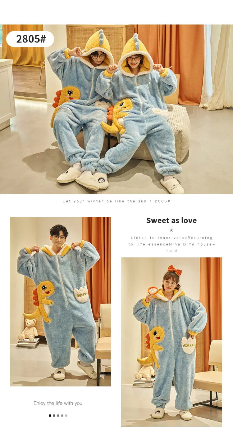 Kigurumi Cat Dinosaur Shark Women Men Pajamas Onesie Couples Jumpsuit Winter Thicken Hooded Pyjamas Halloween Christmas Homewear
