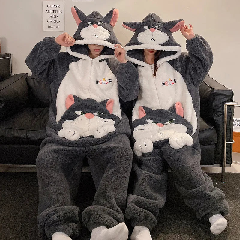 Kigurumi Cat Dinosaur Shark Women Men Pajamas Onesie Couples Jumpsuit Winter Thicken Hooded Pyjamas Halloween Christmas Homewear