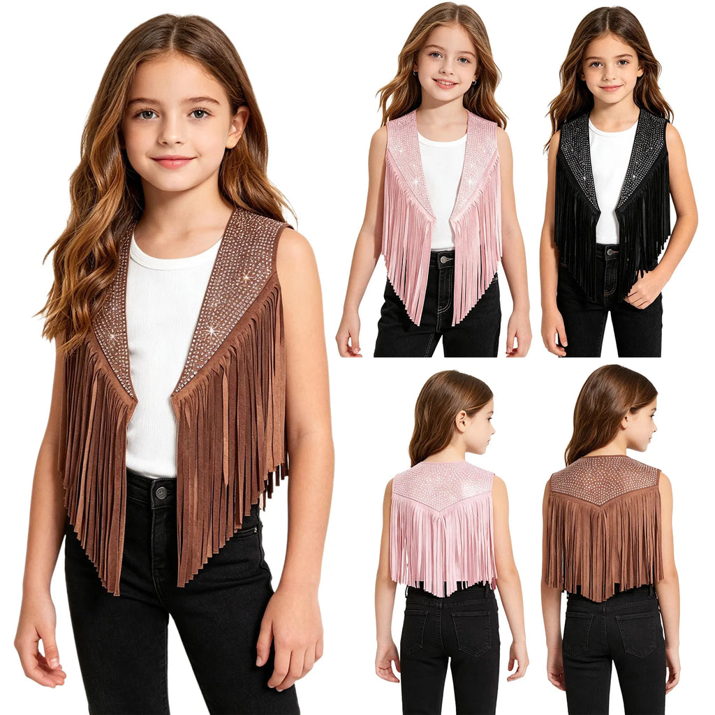 Girls Western Cowgirl Vest Tassels Shiny Rhinestones Open Front Waistcoat Tops Halloween Carnival Theme Party Cowboy Costume