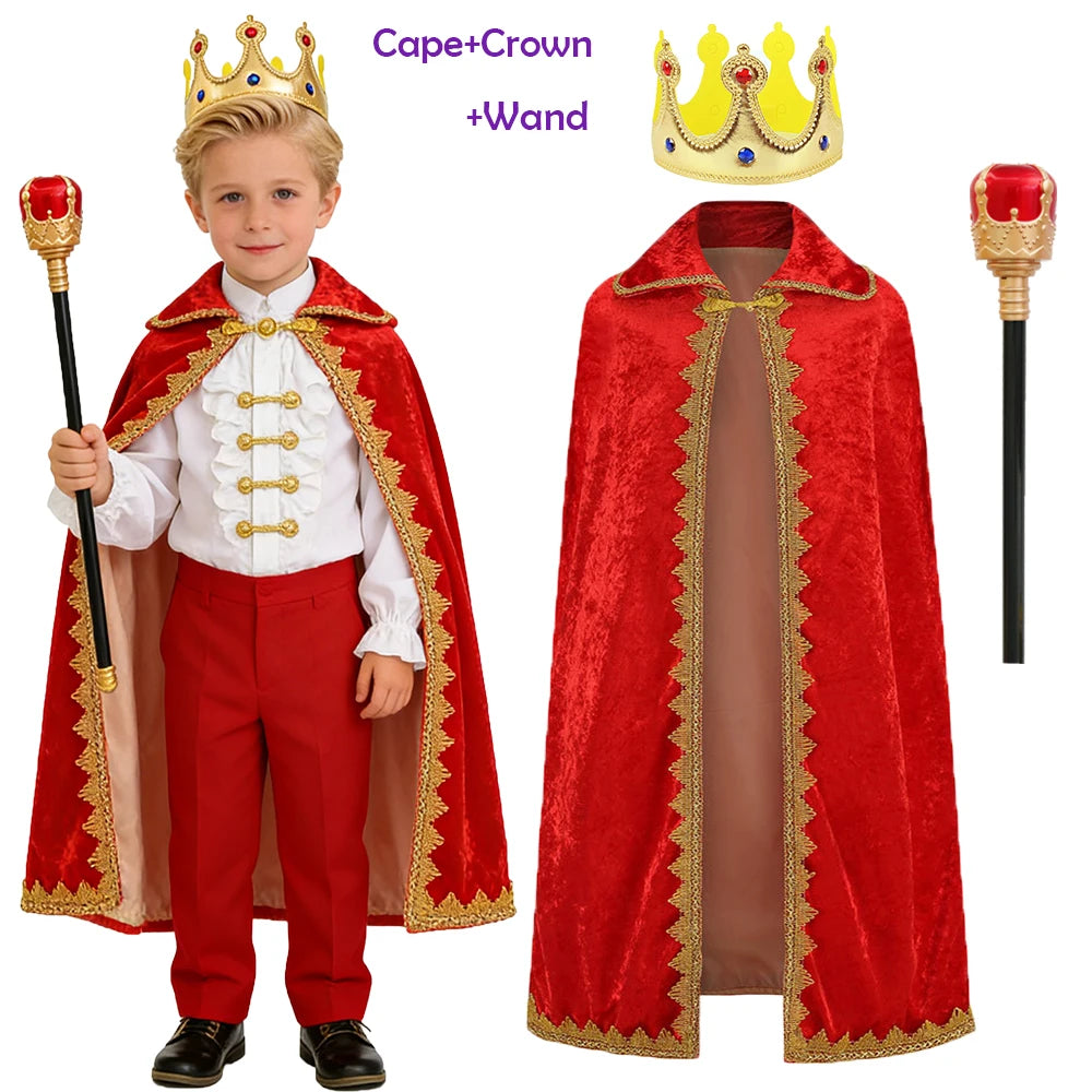 High Quality Boys King Costumes Birthday Christmas Halloween Party Children Red Blue Velvet Cloak Kids Prince Robe Crown Scepter