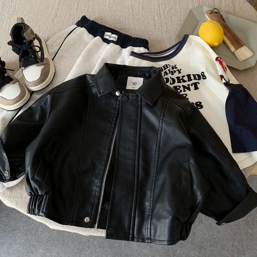 Children Leather Jacket 2026 Autumn and Winter New Product Cool Splicing Jacket Thick Top Fashionable Daily Versatile