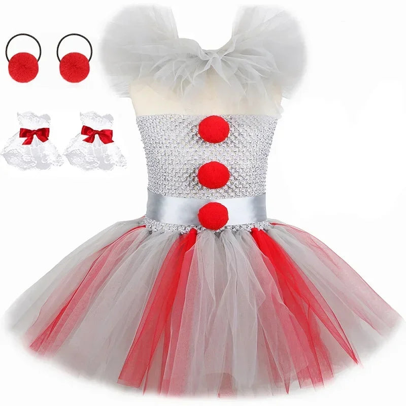 HJTT Creepy Clown Costume for Girls Halloween Tutu Dress Grey Red Scary Clown Outfit Kids Carnival Party Fancy Dress Up Clothes