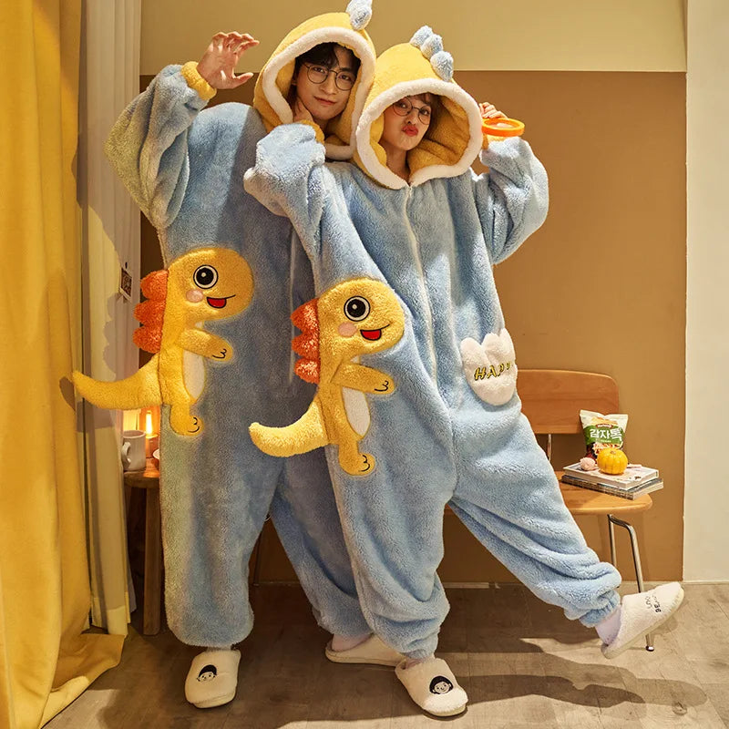 Kigurumi Cat Dinosaur Shark Women Men Pajamas Onesie Couples Jumpsuit Winter Thicken Hooded Pyjamas Halloween Christmas Homewear