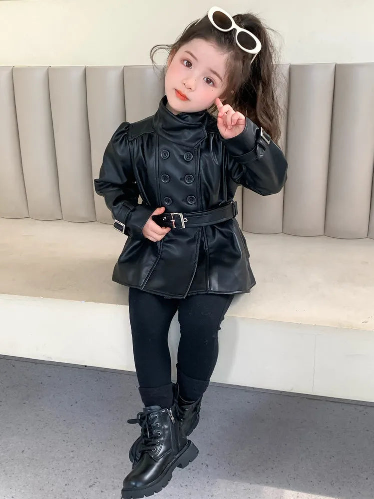 Children Leather Jacket Autumn and Winter 2026 New Fashion Waist Cinched Jacket for Girls Korean Stand Up Collar Jacket Top