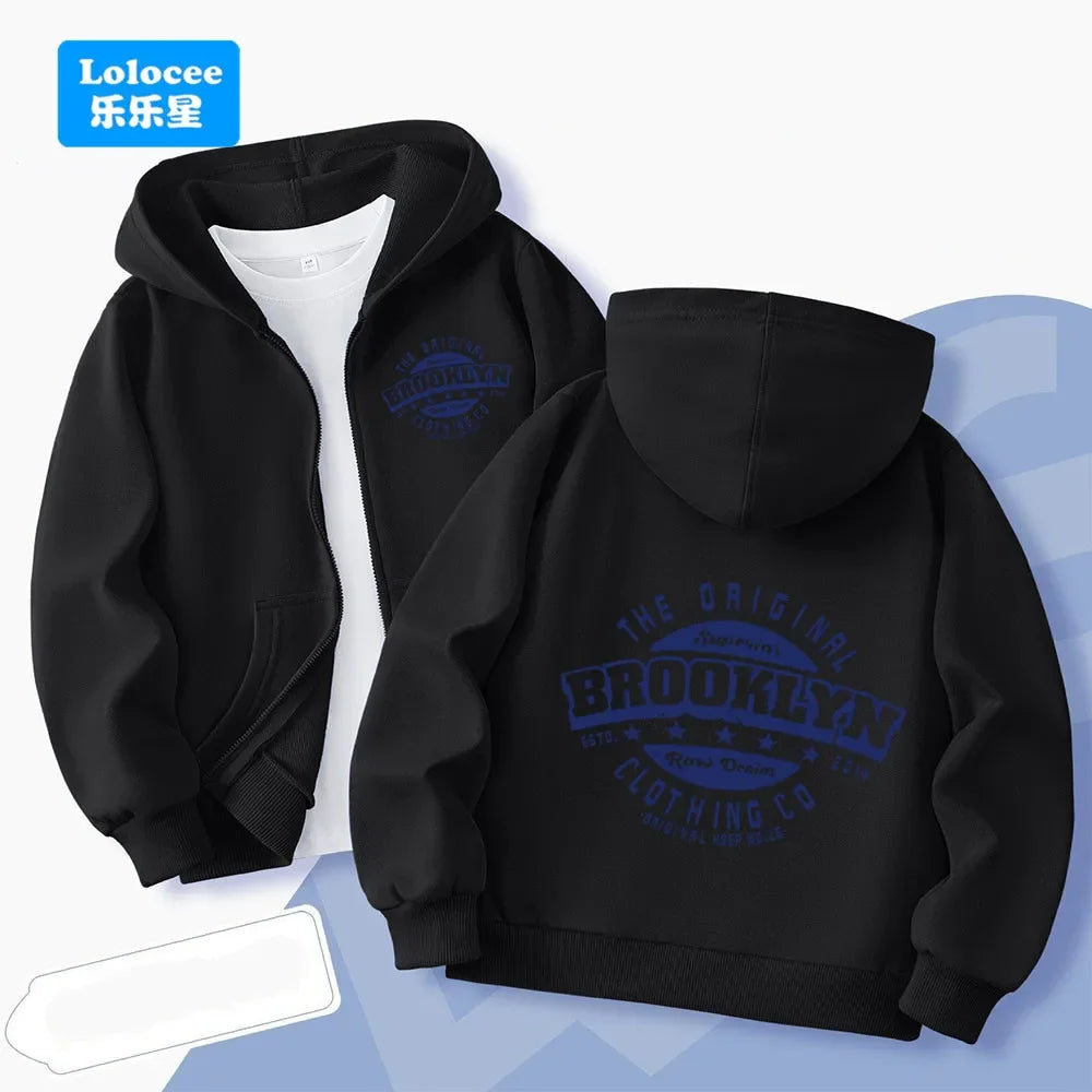 Children's long-sleeve zip-upjacket for autumn and wintercartoon-style outerwear with "23" print;boys' jacket hooded sweatshirt.