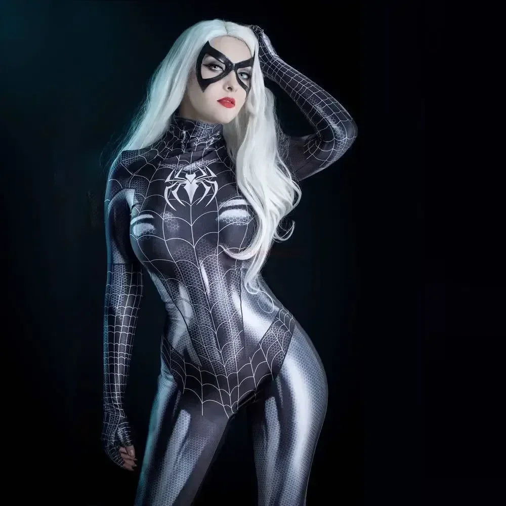 Halloween Superhero Cosplay Costume Spider-Woman Black Cat 3D Printed Tight Jumpsuit Bodysuit Adult Party Outfit Xmas Gift