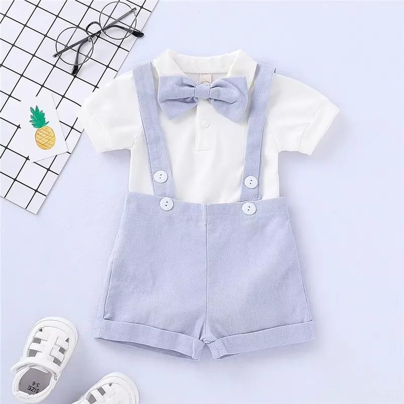 Mini Gentleman Outfit Newborn Baby Boy Formal Costumes Short Sleeve Shirt With Bow + Romper Short Pants Summer Fashion 2 Pcs Set