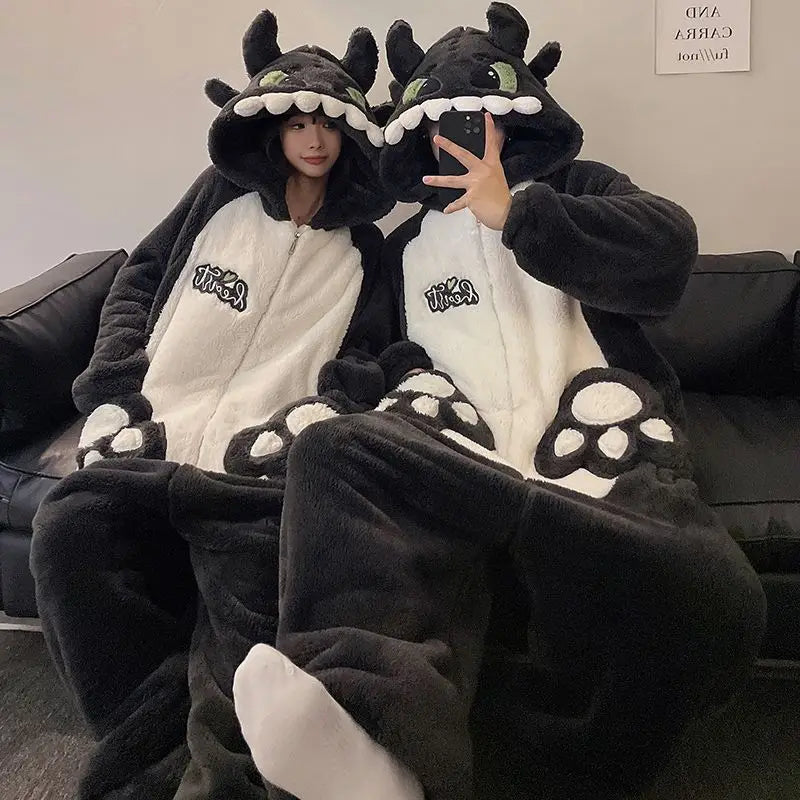 Kigurumi Cat Dinosaur Shark Women Men Pajamas Onesie Couples Jumpsuit Winter Thicken Hooded Pyjamas Halloween Christmas Homewear