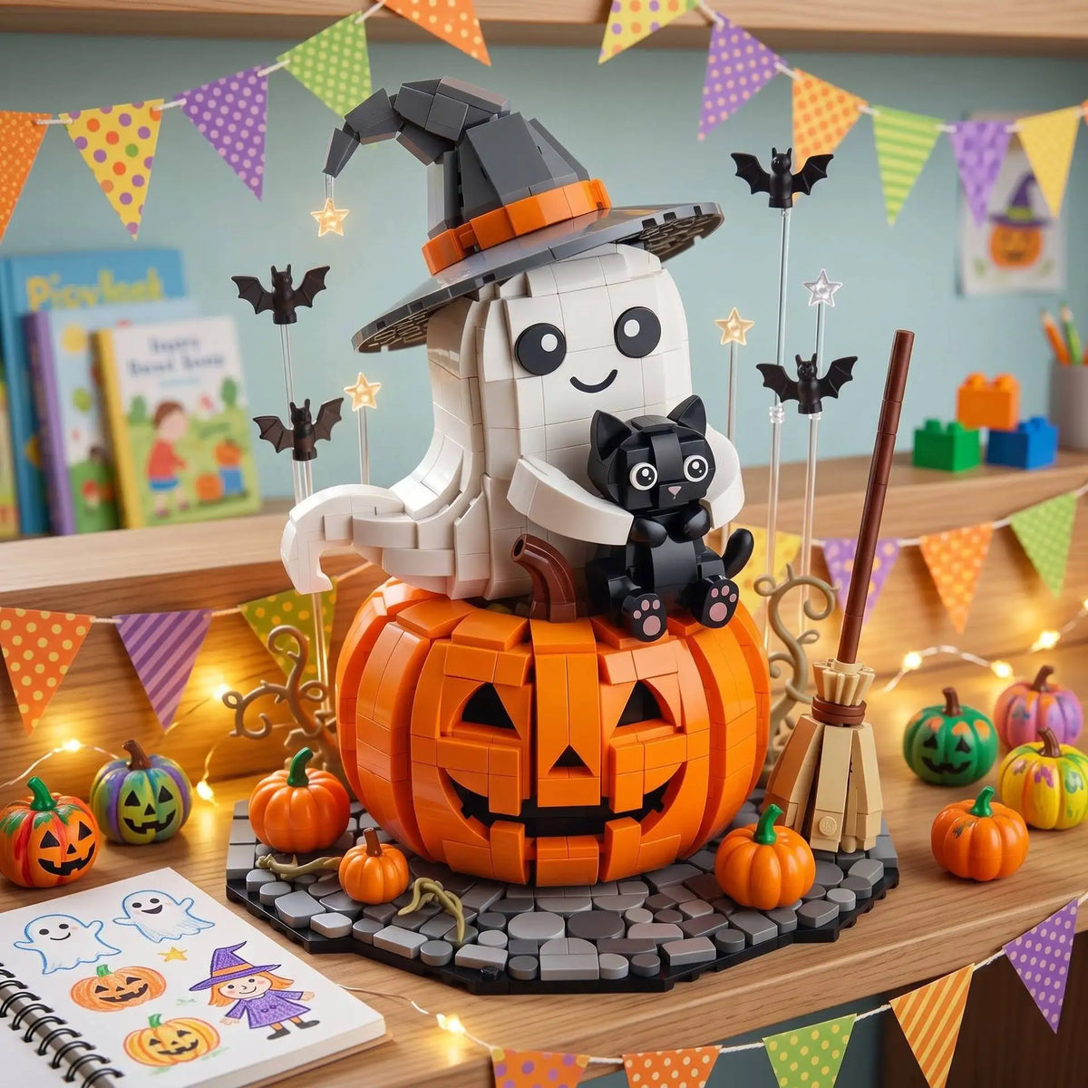 MOC Halloween Pumpkin Lantern Ghost Witch Black Cat Building Blocks Set Cute Desktop Ornament Idea Toys For Adults Holiday Gifts