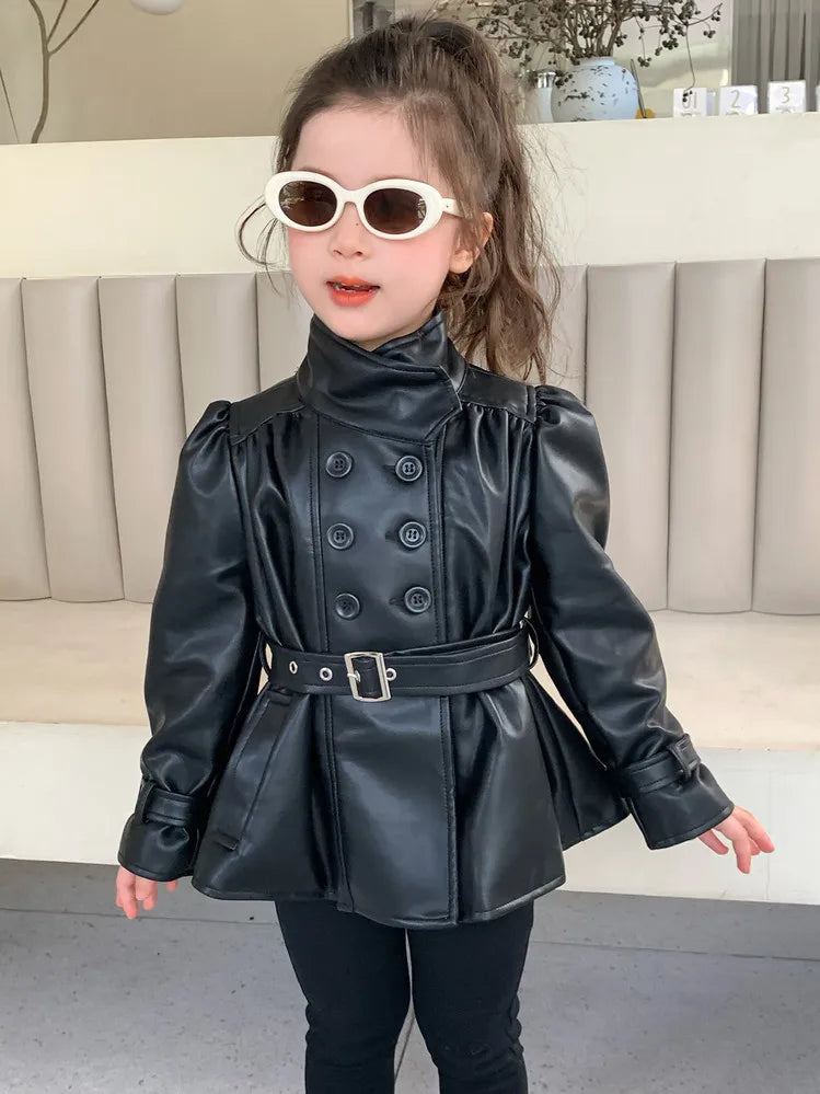 Children Leather Jacket Autumn and Winter 2026 New Fashion Waist Cinched Jacket for Girls Korean Stand Up Collar Jacket Top