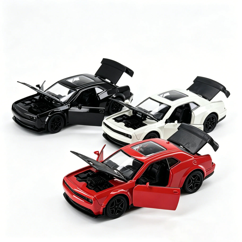 Children’s alloy spring-powered car model. Boy-themed, realistic, collectible, racing car/toy.