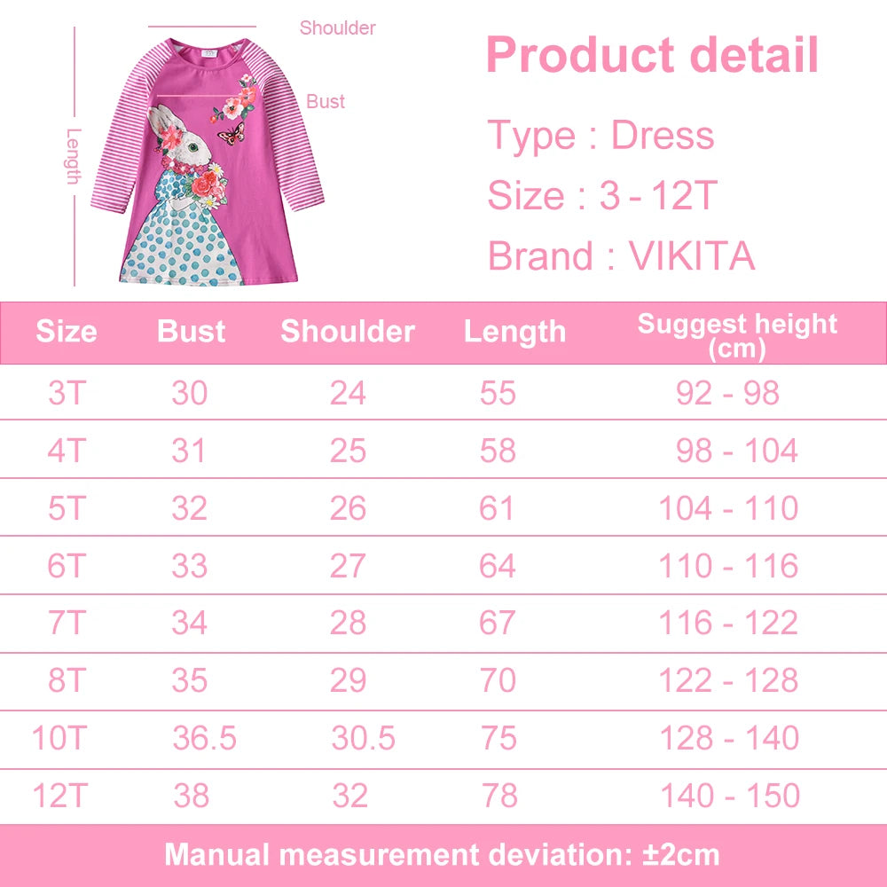 VIKITA Girls Pink Bunny Rabbit Cartoon Print Straight Dress Toddlers Cotton Casual Daily Long Sleeve Autumn Spring Outfits Frock