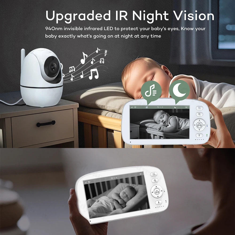 Baby Monitor with Camera and Night Vision, 5''Display with 5000mAh Battery,Pan-Tilt-Zoom Video Baby Monitor,2-Way Talk Lullabies
