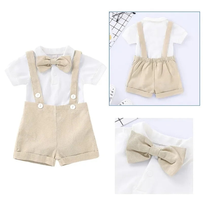 Mini Gentleman Outfit Newborn Baby Boy Formal Costumes Short Sleeve Shirt With Bow + Romper Short Pants Summer Fashion 2 Pcs Set