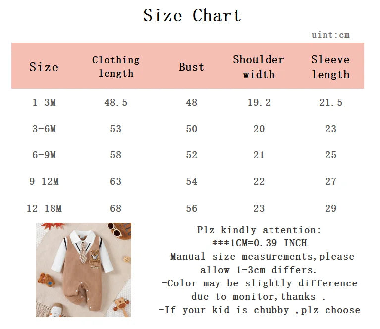 Baby Boy Small Gentleman Jumpsuit Cartoon Teddy Bear Long Sleeves Jumpsuit for 0-18 Month Baby Boys' Birthday Party Costumes