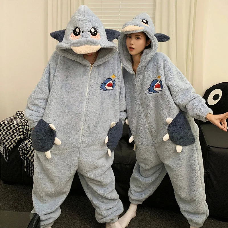 Kigurumi Cat Dinosaur Shark Women Men Pajamas Onesie Couples Jumpsuit Winter Thicken Hooded Pyjamas Halloween Christmas Homewear