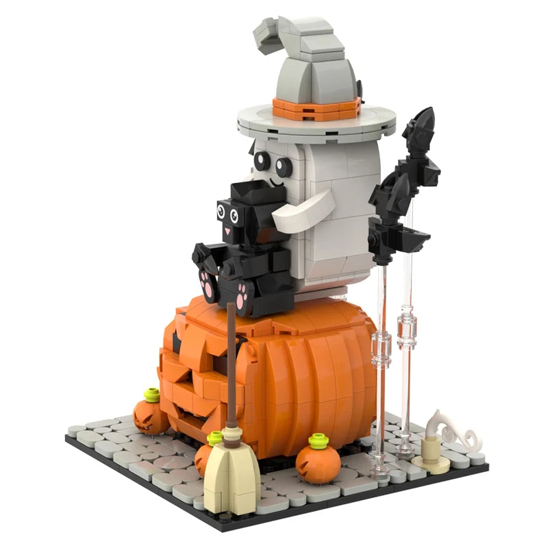 MOC Halloween Pumpkin Lantern Ghost Witch Black Cat Building Blocks Set Cute Desktop Ornament Idea Toys For Adults Holiday Gifts