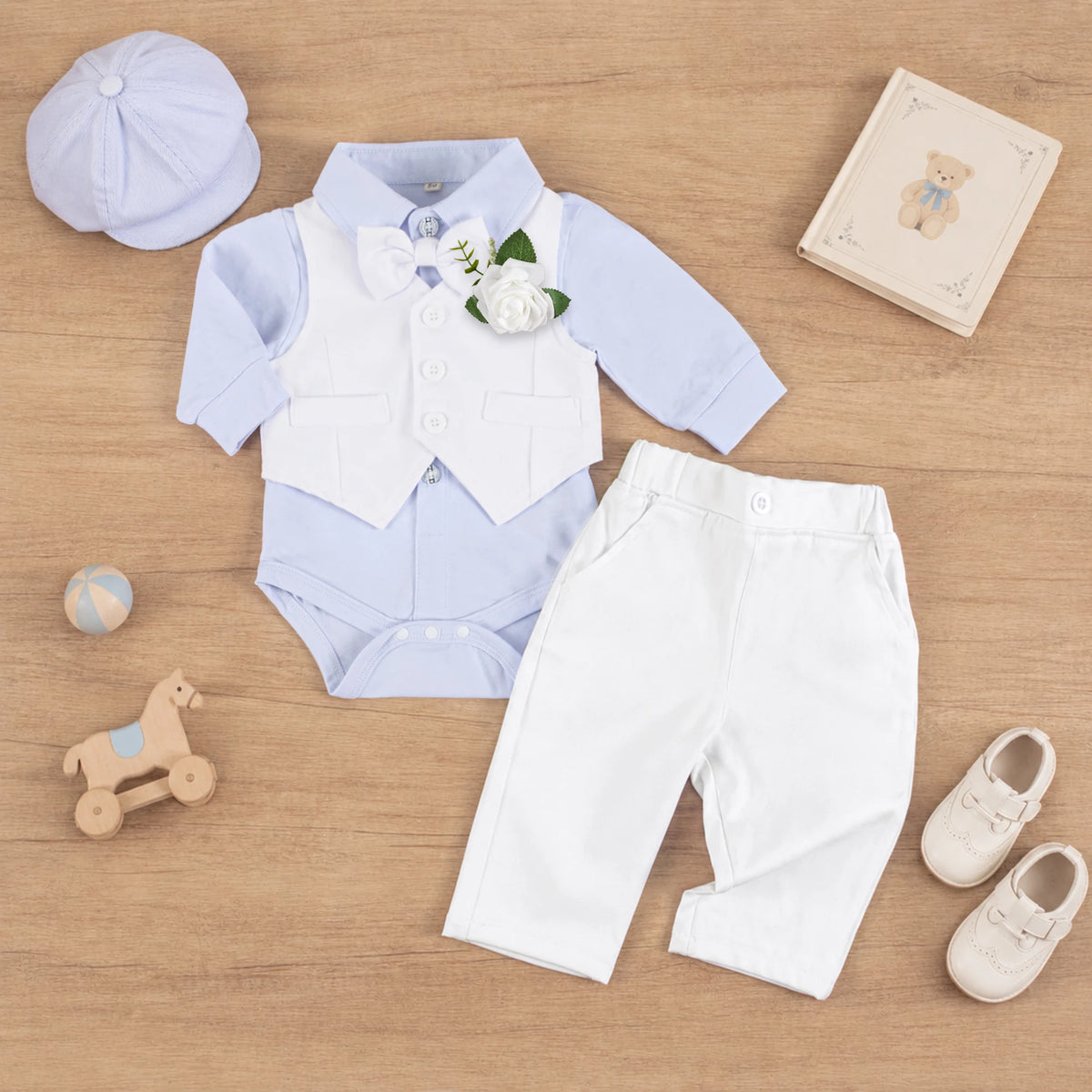 Baby Baptism Vest Clothing Set for 3 6 9 12 18 24M Boys Spring Autumn Long Sleeve Formal Gentleman Wedding Birthday Hat Wear
