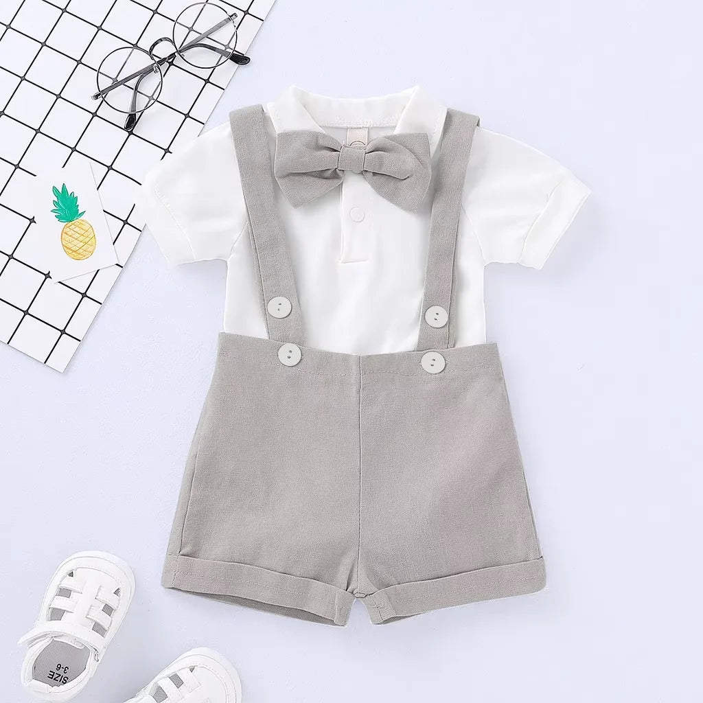 Mini Gentleman Outfit Newborn Baby Boy Formal Costumes Short Sleeve Shirt With Bow + Romper Short Pants Summer Fashion 2 Pcs Set