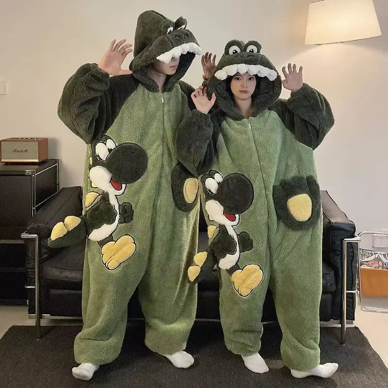 Kigurumi Cat Dinosaur Shark Women Men Pajamas Onesie Couples Jumpsuit Winter Thicken Hooded Pyjamas Halloween Christmas Homewear