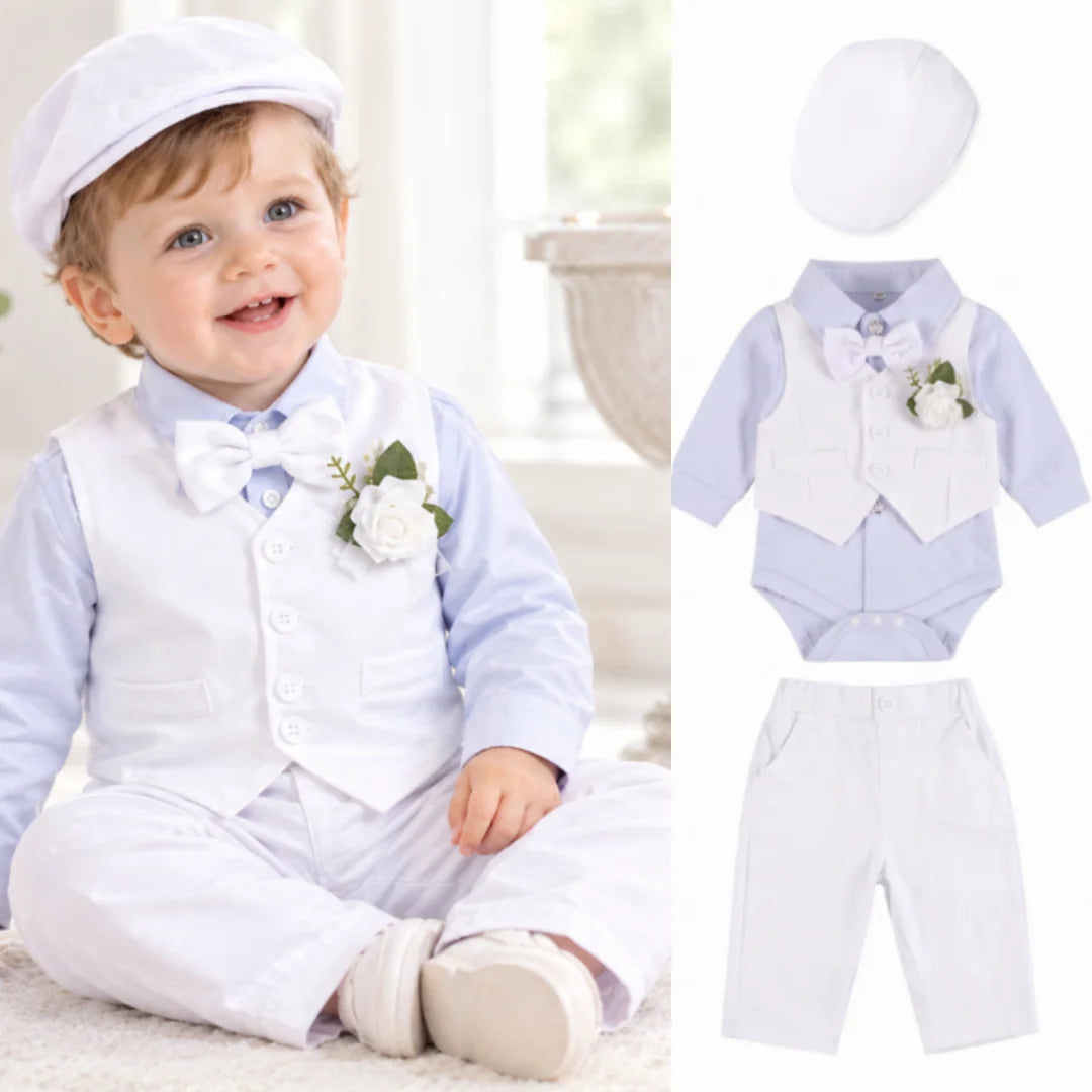 Baby Baptism Vest Clothing Set for 3 6 9 12 18 24M Boys Spring Autumn Long Sleeve Formal Gentleman Wedding Birthday Hat Wear