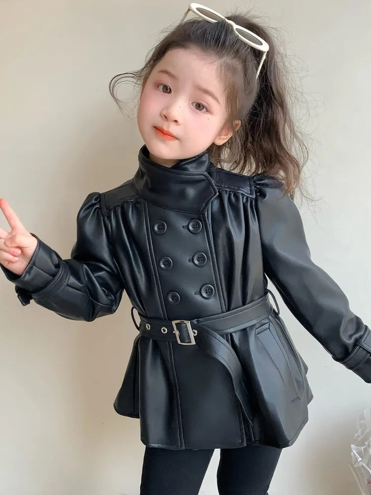 Children Leather Jacket Autumn and Winter 2026 New Fashion Waist Cinched Jacket for Girls Korean Stand Up Collar Jacket Top